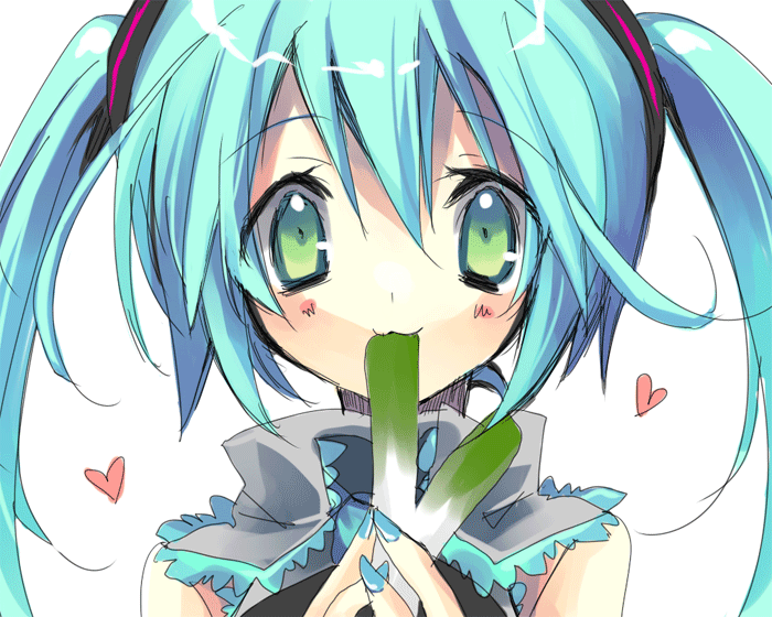 hanepochi, hatsune miku, vocaloid, animated, animated gif, 1girl, :3, ^ ^, aqua hair, blinking, blush, closed eyes, female focus, green eyes, heart, solo, spring onion, twintails