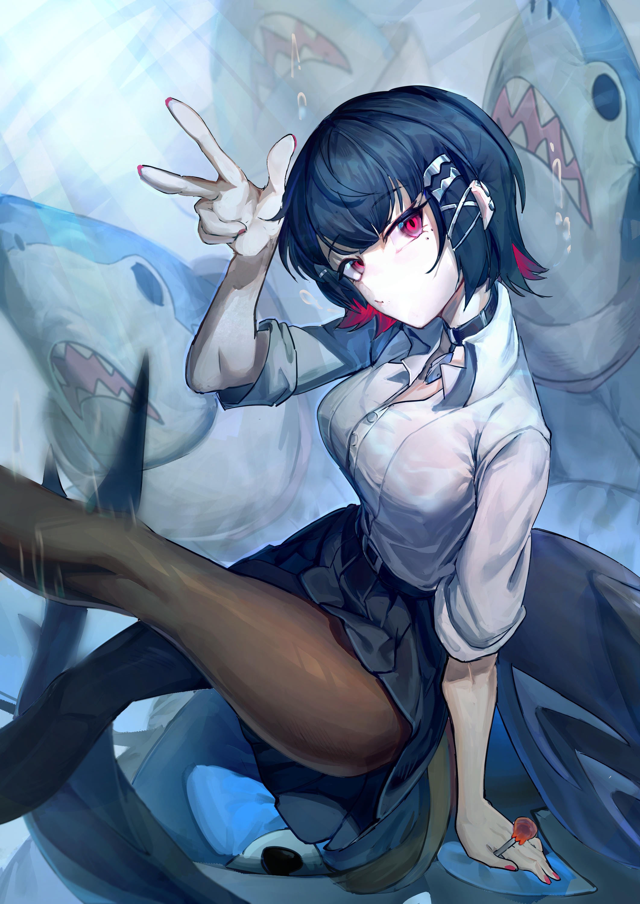 harry80779192, ellen joe, ellen joe (on campus), zenless zone zero, absurdres, highres, 1girl, belt, belted skirt, black choker, black hair, black pantyhose, black skirt, blue background, candy, choker, closed mouth, collar, colored inner hair, fins, fish tail, food, head tilt, holding, holding candy, holding food, holding lollipop, leg up, lollipop, mole, mole under eye, multicolored hair, pantyhose, razor blade hair ornament, red eyes, red hair, red nails, scar, scar on tail, see-through clothes, shark, shark girl, shark tail, shirt, short hair, sitting, skirt, sleeves rolled up, solo, tail, w, white shirt