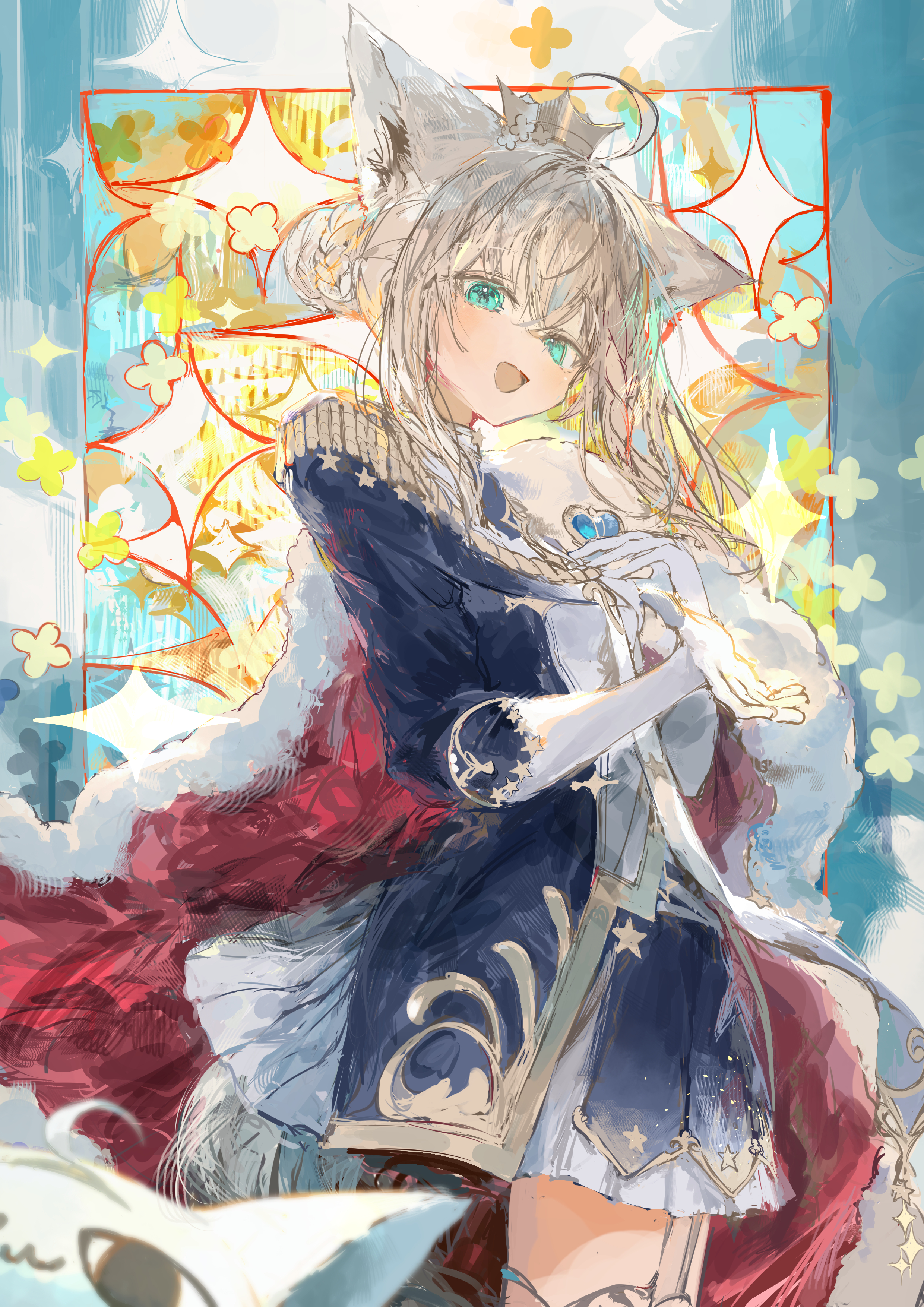 ichika (ichika87), shirakami fubuki, shirakami fubuki (fbkingdom), hololive, absurdres, highres, 1girl, animal ear fluff, animal ears, aqua eyes, blue jacket, blue skirt, blush, braid, braided bun, cape, crown, epaulettes, fox ears, fox girl, fox tail, gloves, grey hair, hair between eyes, hair bun, jacket, looking at viewer, open clothes, open jacket, open mouth, red cape, shirt, sidelocks, skirt, solo, tail, virtual youtuber, white gloves, white shirt