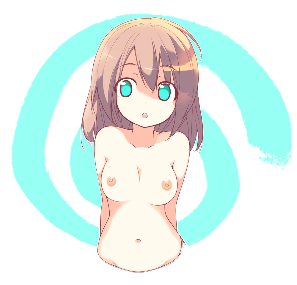 tamahagane, original, 1girl, :o, ahoge, aqua eyes, arms behind back, bare shoulders, breasts, brown hair, cleavage, collarbone, completely nude, hair between eyes, looking at viewer, medium breasts, medium hair, navel, nipples, nude, open mouth, parted lips, sidelocks, simple background, solo, standing, white background