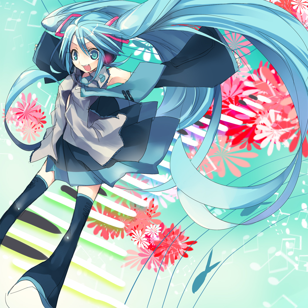 hanepochi, hatsune miku, vocaloid, 1girl, aqua eyes, aqua hair, beamed quavers, detached sleeves, female focus, flower, long hair, musical note, necktie, skirt, solo, thighhighs, twintails, very long hair