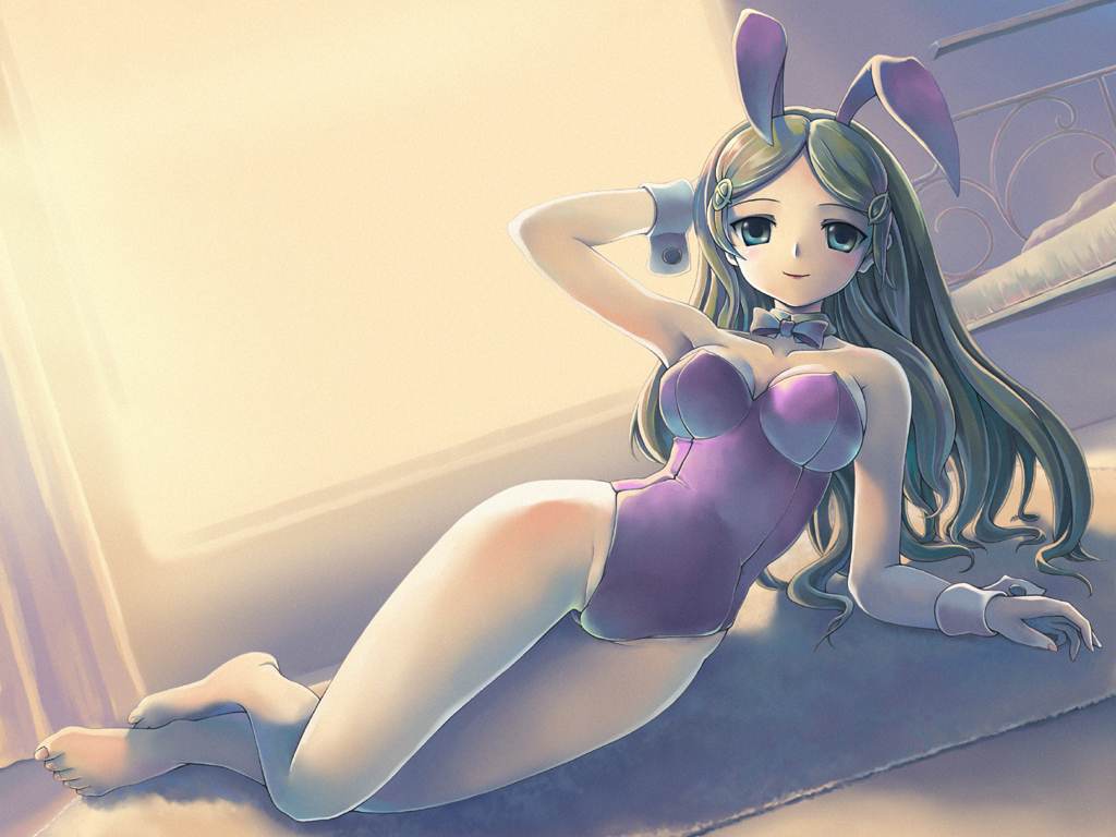 ranranloo, kimidori emiri, suzumiya haruhi no yuuutsu, 00s, 1girl, animal ears, bare legs, barefoot, breasts, fake animal ears, female focus, green eyes, green hair, long hair, matching hair/eyes, playboy bunny, rabbit ears, solo