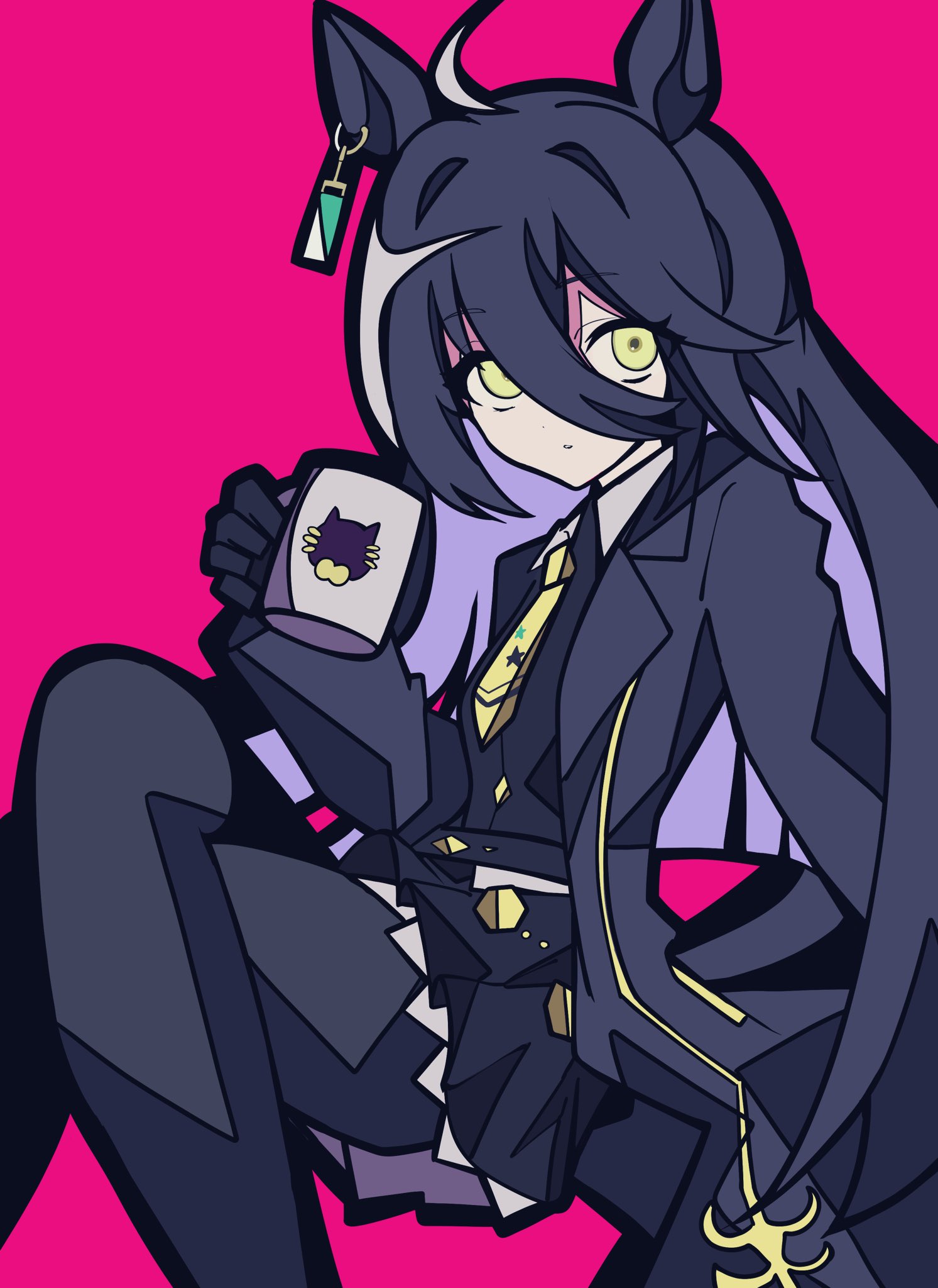 kikkasoon, manhattan cafe (umamusume), umamusume, highres, 1girl, ahoge, animal ears, black hair, black skirt, black suit, coffee mug, cup, ear tag, earrings, formal clothes, hair between eyes, horse ears, horse girl, jewelry, long bangs, long hair, long hair between eyes, long sleeves, mug, necktie, pink background, shirt, simple background, single earring, skirt, solo, suit, wide-eyed, yellow eyes, yellow necktie