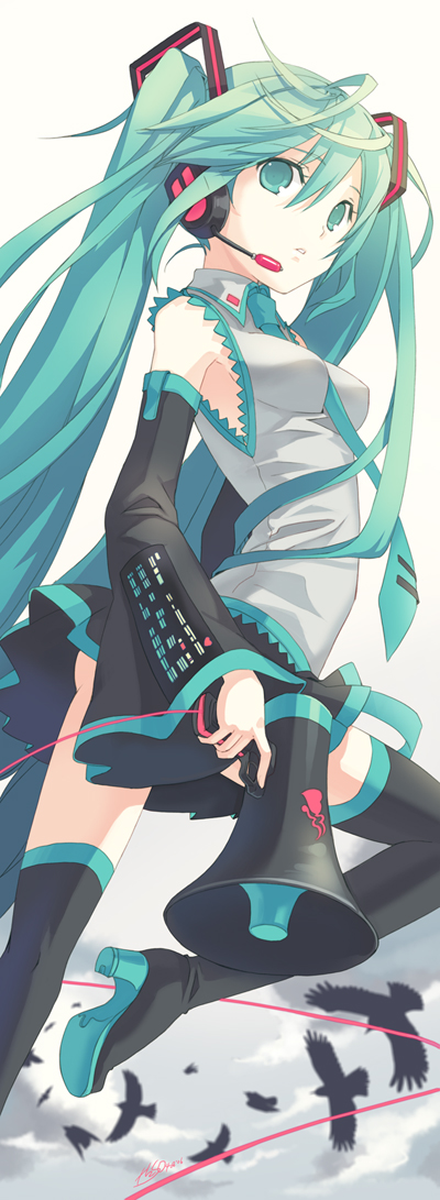 h2so4, hatsune miku, koi wa sensou (vocaloid), vocaloid, bad id, bad pixiv id, 1girl, aqua eyes, aqua hair, bird, detached sleeves, female focus, headset, legs, long hair, megaphone, necktie, skirt, solo, thighhighs, twintails, very long hair