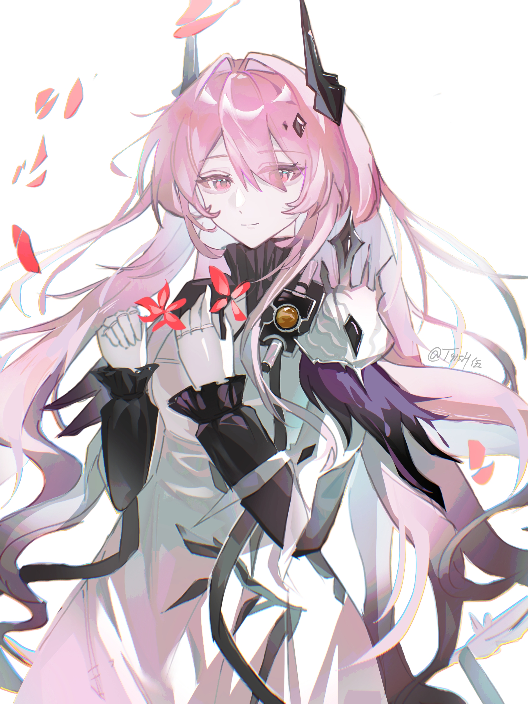 theresa (arknights), arknights, absurdres, chinese commentary, commentary request, highres, 1girl, black dress, black horns, chromatic aberration, closed mouth, cowboy shot, dress, eyes visible through hair, falling petals, flower, hair between eyes, horns, jewelry, jiu yi wu, light smile, long hair, long sleeves, looking at viewer, multiple rings, petals, pink eyes, pink hair, red flower, ring, simple background, solo, standing, turtleneck, turtleneck dress, white background, white dress