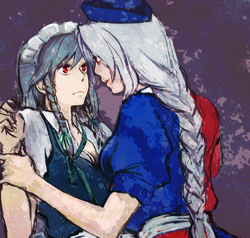 asakura noi, izayoi sakuya, yagokoro eirin, touhou, 2girls, face-to-face, female focus, grey hair, hairband, hat, holding another's wrist, long hair, maid, maid headdress, multiple girls, red eyes, ribbon, short hair, yuri