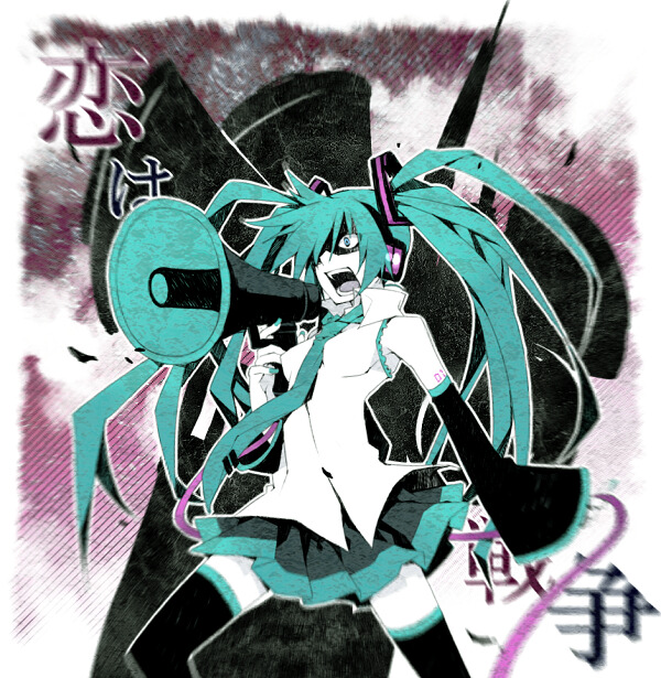 al, mugura, hatsune miku, koi wa sensou (vocaloid), vocaloid, bad id, bad pixiv id, aqua eyes, aqua hair, detached sleeves, long hair, megaphone, necktie, skirt, solo, thighhighs, twintails, zettai ryouiki