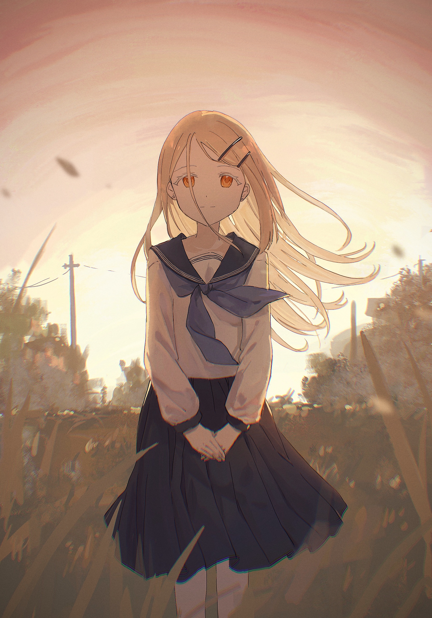 kafuuchino (chouti), shinosawa hiro, gakuen idolmaster, idolmaster, commentary request, highres, 1girl, black sailor collar, black skirt, blonde hair, blue neckerchief, closed mouth, colored eyelashes, earrings, evening, feet out of frame, flipped hair, floating hair, gradient sky, grass, hair ornament, hairclip, hatsuboshi gakuen school uniform, jewelry, long hair, long sleeves, looking at viewer, neckerchief, orange eyes, orange sky, outdoors, own hands together, parallel hairclips, parted bangs, pleated skirt, power lines, sailor collar, school uniform, serafuku, shirt, skirt, sky, solo, standing, stud earrings, sunset, tree, utility pole, v arms, white shirt, wind