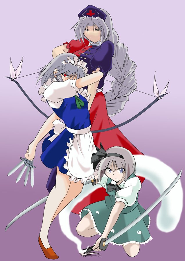 angeldust, izayoi sakuya, konpaku youmu, konpaku youmu (ghost), yagokoro eirin, touhou, silver hair, 3girls, between fingers, blue eyes, female focus, hat, holding, knife, long hair, maid, multiple girls, red eyes, ribbon, short hair, throwing knife, weapon