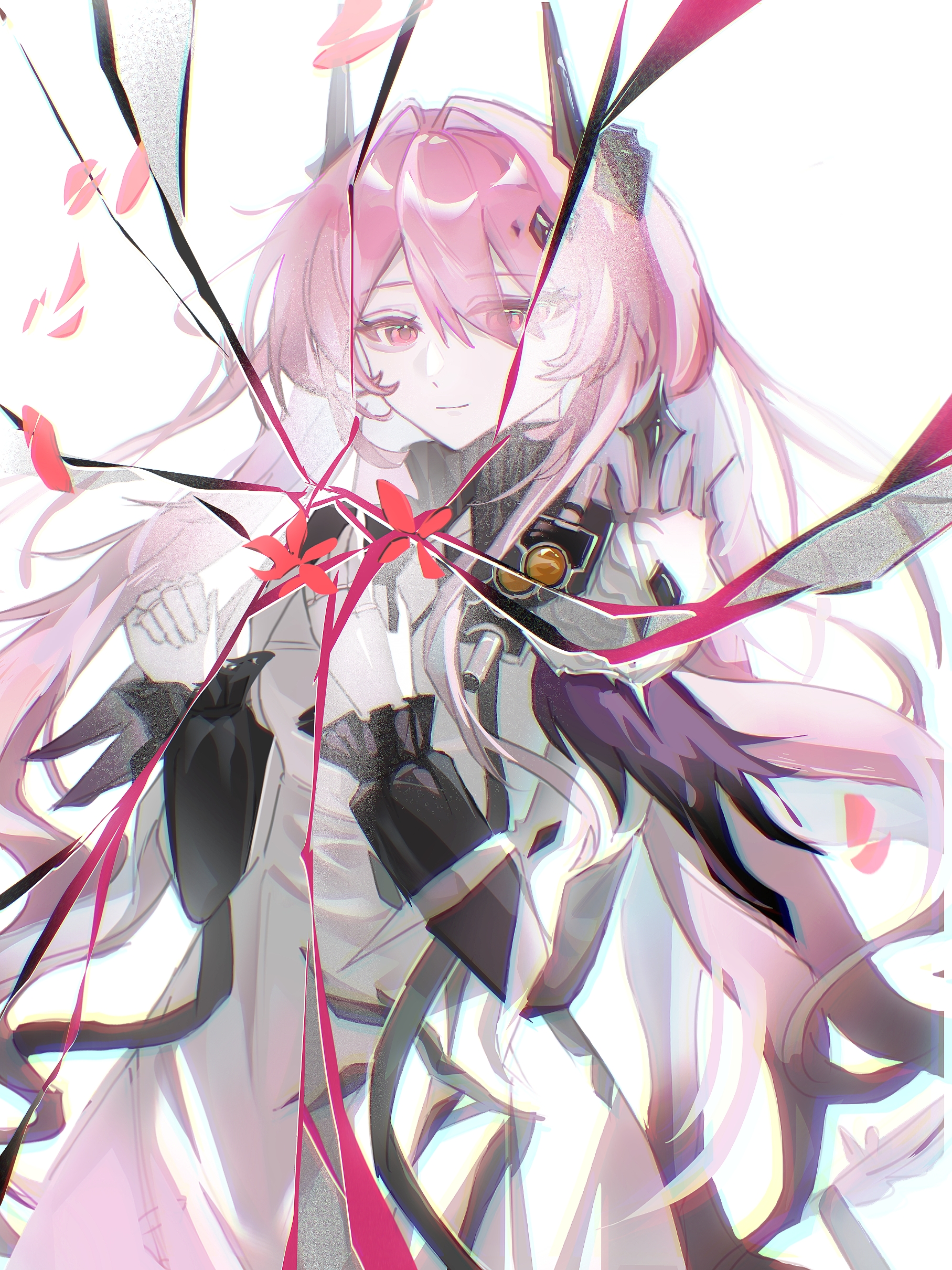 theresa (arknights), arknights, absurdres, chinese commentary, commentary request, highres, 1girl, black dress, black horns, broken glass, chromatic aberration, closed mouth, cowboy shot, dress, eyes visible through hair, falling petals, flower, glass, hair between eyes, horns, jewelry, jiu yi wu, light smile, long hair, long sleeves, looking at viewer, multiple rings, petals, pink eyes, pink hair, red flower, ring, simple background, solo, standing, turtleneck, turtleneck dress, white background, white dress