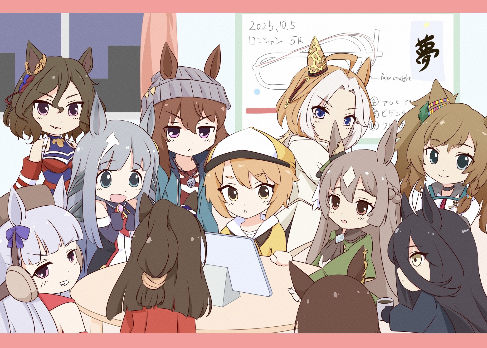 funamori, blast onepiece (umamusume), chrono genesis (umamusume), el condor pasa (umamusume), gold ship (umamusume), manhattan cafe (umamusume), nakayama festa (umamusume), orfevre (umamusume), satono diamond (umamusume), tap dance city (umamusume), umamusume, highres, 6+girls, :>, animal ears, beanie, curtains, grey hair, hair between eyes, hair ornament, hat, horse ears, multiple girls, sky, smile, table, watching