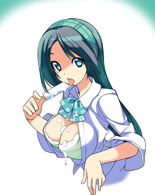 tamahagane, original, 1girl, aqua bow, aqua hair, aqua hairband, blue eyes, bow, bowtie, bra, breasts, cleavage, collared shirt, food, from side, hairband, hand up, holding, holding food, holding popsicle, large breasts, licking, long hair, long sleeves, looking at viewer, melting popsicle, open clothes, open mouth, open shirt, parted bangs, plaid bow, plaid hairband, popsicle, popsicle stick, school uniform, shirt, simple background, sleeves pushed up, solo, standing, tongue, tongue out, underwear, upper body, very long hair, white background, white shirt, yellow bra