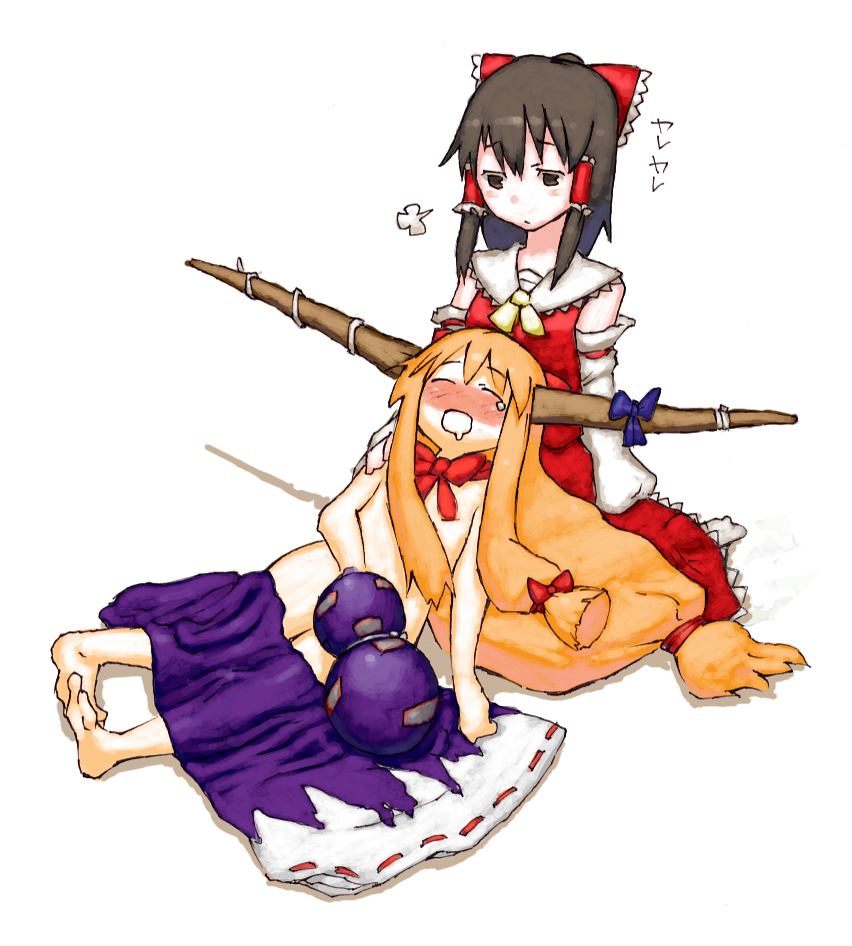 chomoran, hakurei reimu, ibuki suika, touhou, bad id, bad pixiv id, 2girls, barefoot, blush, drunk, feet, female focus, horns, multiple girls, nude, saliva, simple background, sleeping, undressing, white background