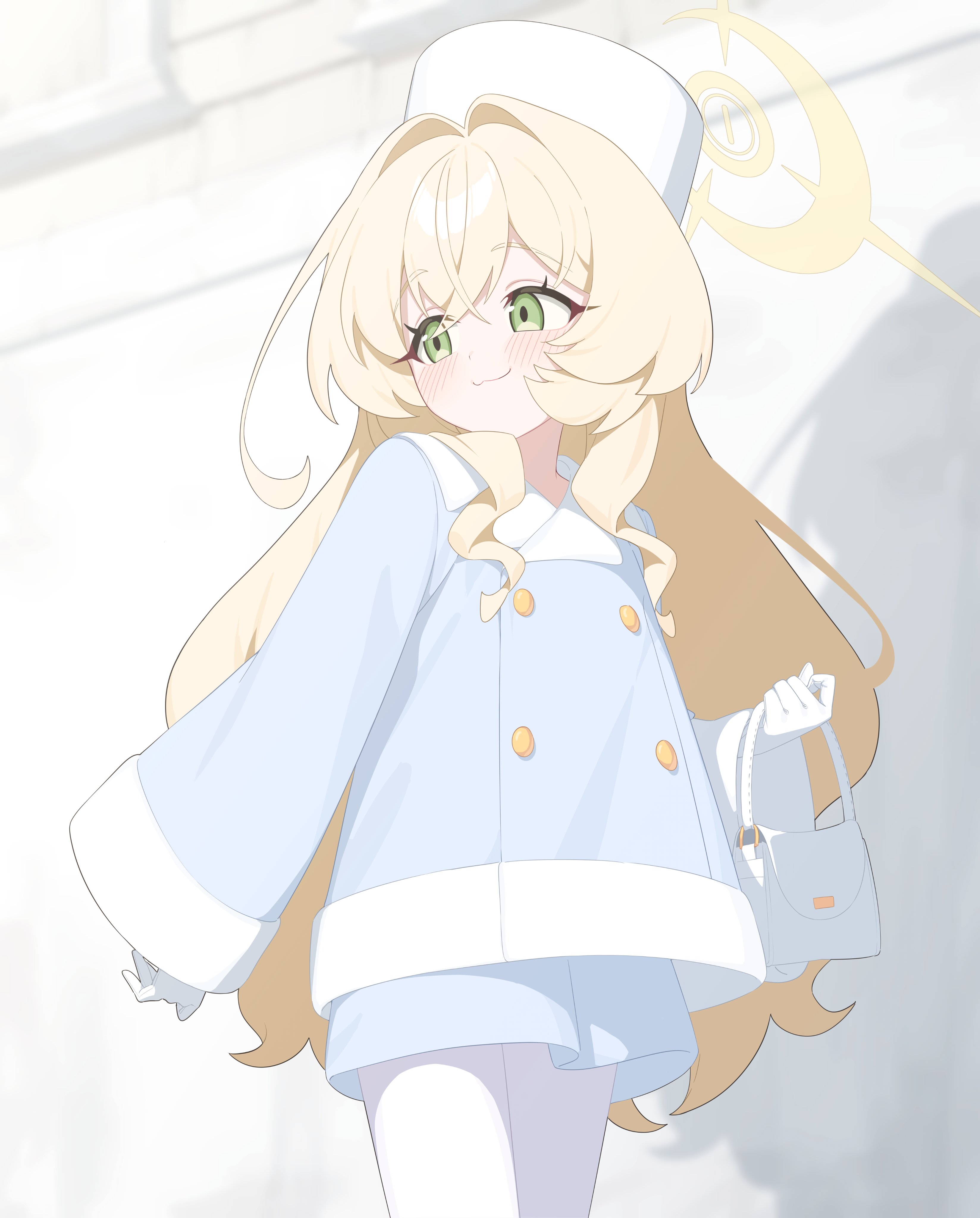 honi (honi1010), professor niyaniya (blue archive), blue archive, fluffy hair, absurdres, highres, 1girl, :3, blonde hair, blush, bright pupils, buttons, double-breasted, fluffy, from below, gloves, green eyes, hair between eyes, hair flaps, hair intakes, halo, hat, light blush, long sleeves, pantyhose, puffy long sleeves, puffy sleeves, shadow, side ahoge, skirt, smug, solo, standing, white gloves, white hat, white pantyhose, white skirt, winter clothes, yellow halo