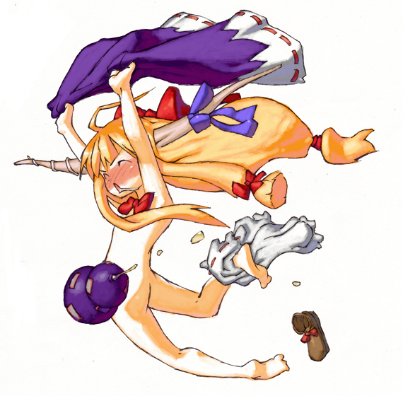 chomoran, ibuki suika, touhou, bad id, bad pixiv id, 1girl, barefoot, blush, censored, convenient censoring, dress, drunk, female focus, full body, horns, long hair, low-tied long hair, nude, saliva, shoes, solo, streaking, underwear, undressing, white background