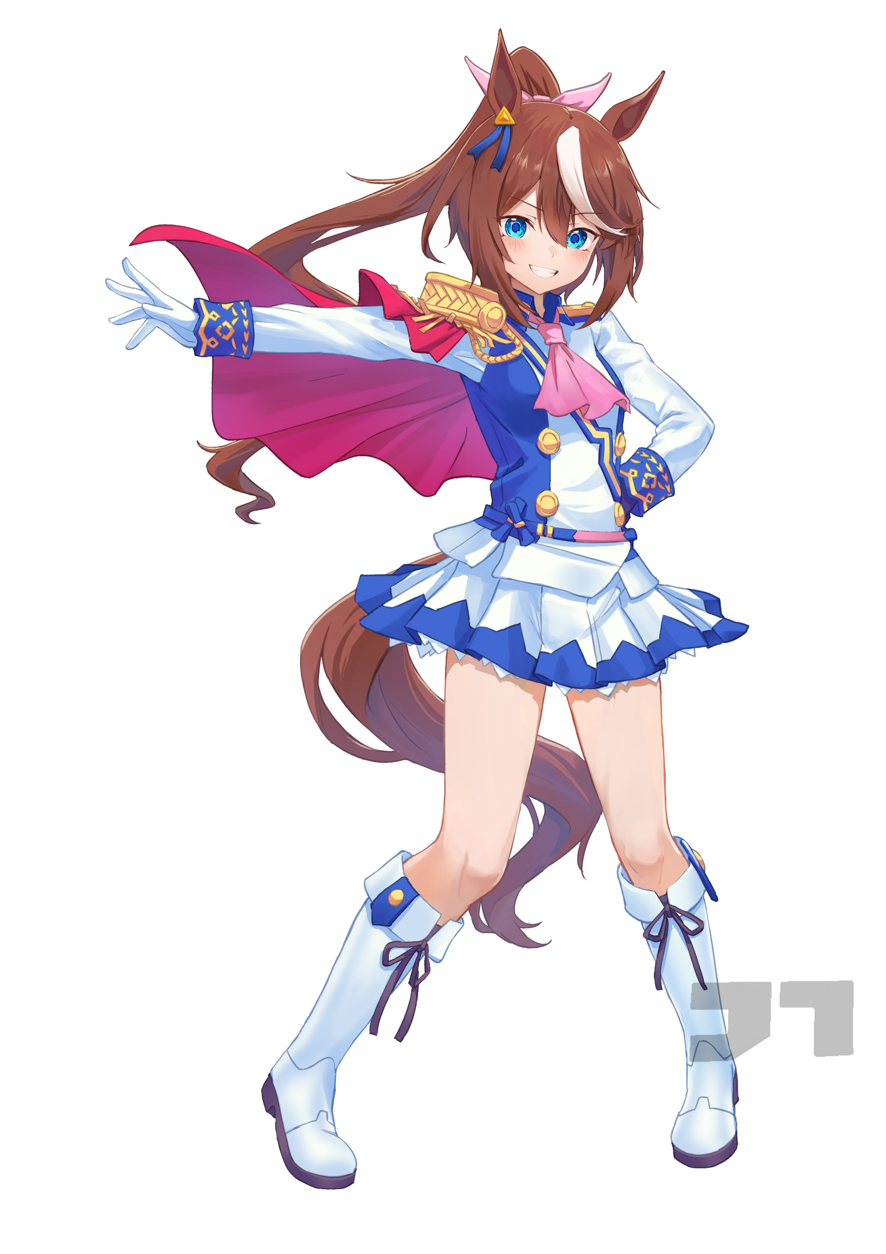 jtleeklm, tokai teio (peak joy) (umamusume), tokai teio (umamusume), umamusume, absurdres, highres, 1girl, animal ears, ascot, blue eyes, blue shirt, blue skirt, boots, bow, brown hair, buttons, cape, collared shirt, double-parted bangs, ear ornament, epaulettes, full body, gloves, grin, hair between eyes, hand on own hip, horse ears, horse girl, horse tail, knee boots, long hair, long sleeves, looking at viewer, multicolored hair, outstretched arm, pink ascot, pink bow, pleated skirt, ponytail, purple gloves, red cape, shirt, simple background, single epaulette, skirt, smile, solo, standing, streaked hair, tail, two-tone hair, two-tone shirt, white background, white boots, white gloves, white hair, white shirt, white skirt