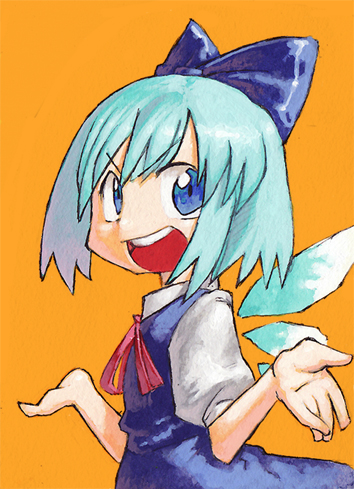 chomoran, cirno, embodiment of scarlet devil, touhou, bad id, bad pixiv id, lowres, 1girl, blue eyes, blue hair, dress, female focus, hair ribbon, matching hair/eyes, open mouth, ribbon, short hair, simple background, solo, wings