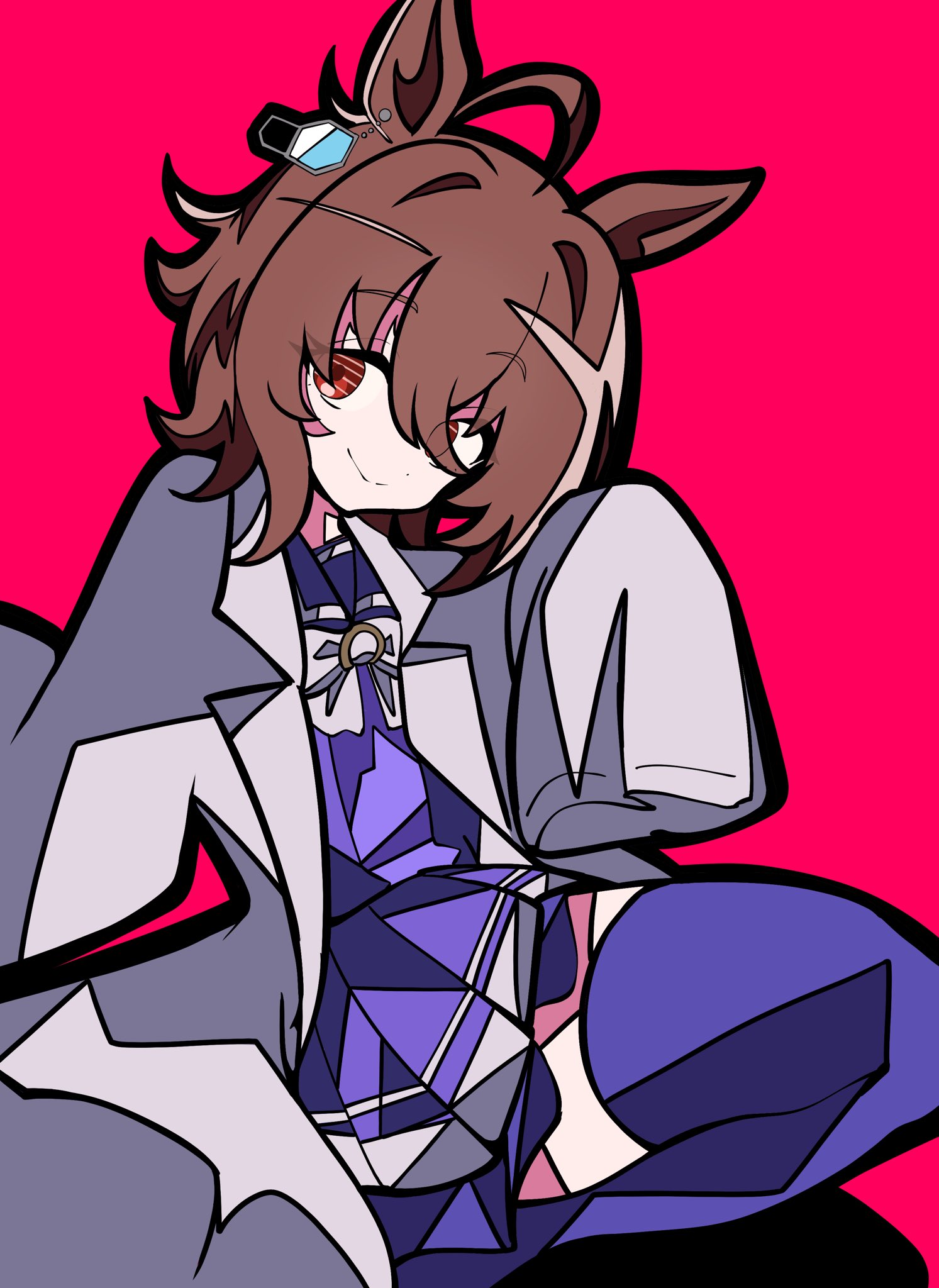 kikkasoon, agnes tachyon (umamusume), umamusume, highres, 1girl, ahoge, animal ears, bow, bowtie, brown hair, earrings, hair between eyes, horse ears, horse girl, jewelry, lab coat, long bangs, long sleeves, looking at viewer, medium hair, pink background, red eyes, ribbon, shirt, simple background, single earring, sleeves past wrists, smile, solo, symbol-shaped pupils