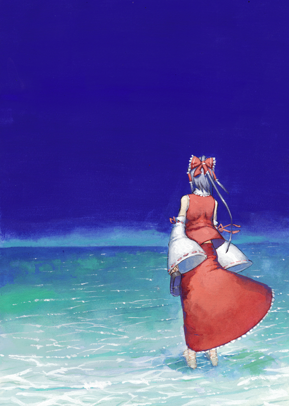 chomoran, hakurei reimu, touhou, bad id, bad pixiv id, 1girl, barefoot, detached sleeves, female focus, from behind, holding, holding shoes, holding unworn clothes, japanese clothes, miko, ocean, shoes, solo, unworn shoes, wading, water, wind
