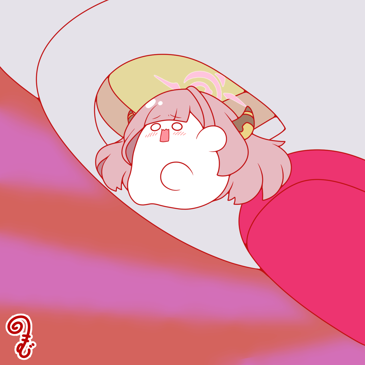 kurukurumagical, aru (blue archive), blue archive, commentary request, highres, 1girl, blunt bangs, blush, brown horns, chibi, chibi only, full body, halo, horns, long hair, o o, open mouth, pink hair, pink halo, solo, very long hair, wavy mouth