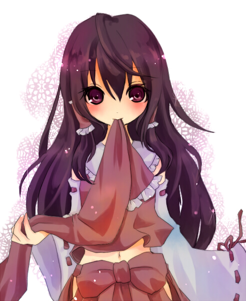 kedama milk, hakurei reimu, kedama (touhou), touhou, bad id, bad pixiv id, 1girl, alternate costume, alternate hairstyle, brown hair, female focus, hair down, mouth hold, navel, no headwear, purple eyes, ribbon, solo