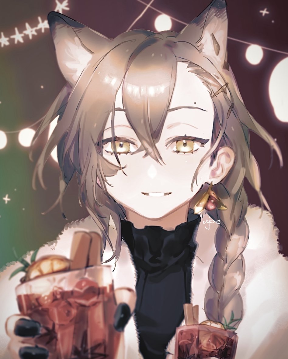 penance (arknights), penance (occasionally flushed) (arknights), arknights, commentary request, partial commentary, 1girl, animal ears, black nails, black shirt, braid, christmas lights, cinnamon stick, cup, drinking glass, earrings, food, food-themed earrings, fruit, fur-trimmed jacket, fur trim, garnish, grey hair, hair between eyes, hair ornament, hairpin, holding, holding cup, jacket, jewelry, lemon, lemon slice, long hair, mole, mole on forehead, mulled wine, one-hour drawing challenge, parted lips, pov, reaching, reaching towards viewer, shirt, signature, single braid, single sidelock, smile, solo, straight-on, turtleneck, turtleneck shirt, ujoe 7hr, upper body, white jacket, wolf ears, yellow eyes