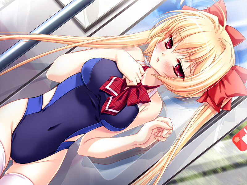 sukumizu chikan densha, game cg, non-web source, 1girl, ascot, blonde hair, blush, competition swimsuit, dutch angle, female focus, long hair, one-piece swimsuit, red eyes, solo, swimsuit, thighhighs, twintails