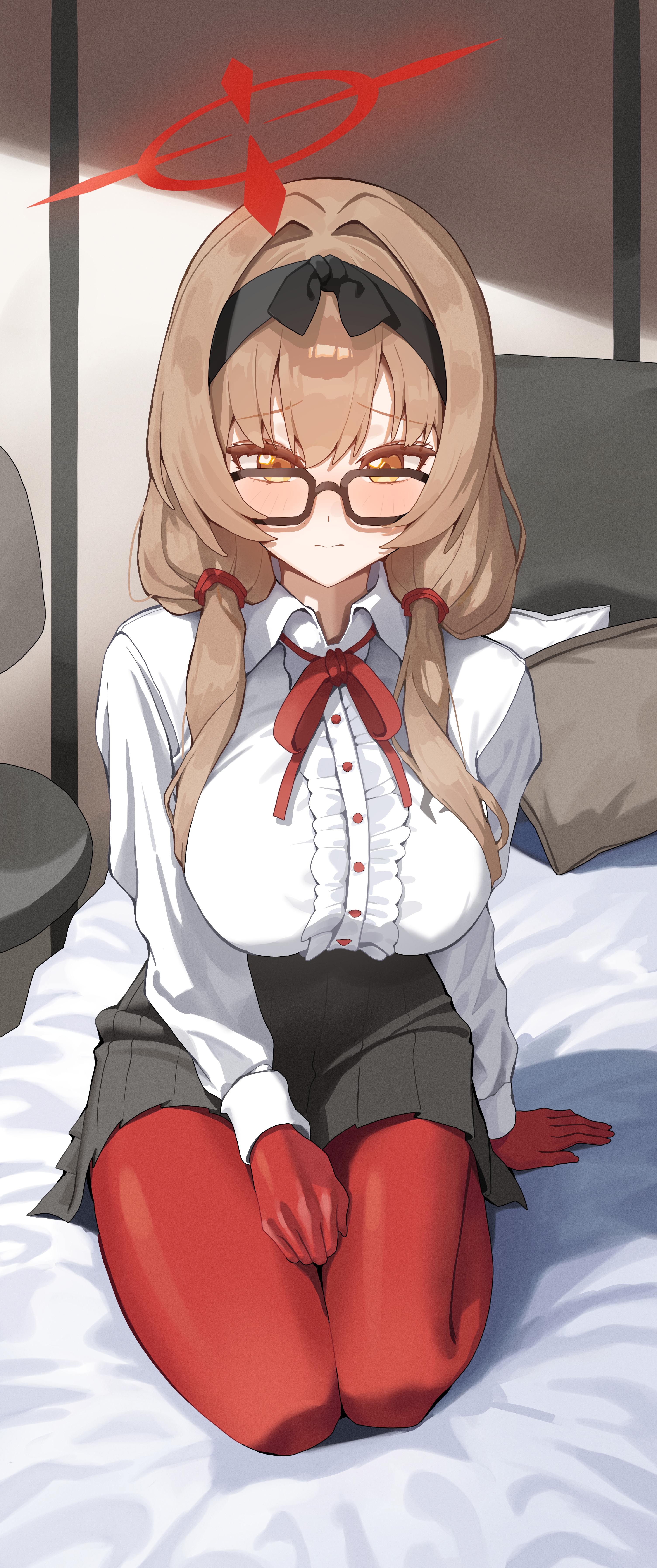 chinatsu (blue archive), blue archive, absurdres, highres, 1girl, black hairband, black skirt, breasts, brown eyes, brown hair, glasses, gloves, hair between eyes, hairband, halo, ichinisan326, large breasts, long hair, looking at viewer, pantyhose, red gloves, red halo, red pantyhose, red ribbon, ribbon, seiza, shirt, sidelocks, sitting, skirt, solo, white shirt