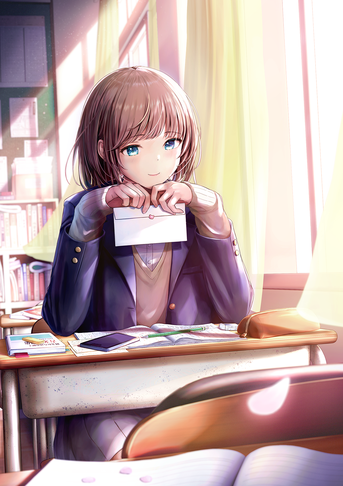 tokeshi, original, commentary request, highres, revision, 1girl, blue eyes, blue jacket, book, brown hair, cardigan, chair, classroom, curtains, desk, elbows on table, envelope, floating curtains, holding, holding envelope, indoors, jacket, on chair, open book, pencil, petals, pleated skirt, school chair, school desk, shirt, short hair, sitting, skirt, smile, solo, sunlight, white shirt, white skirt, wind, window
