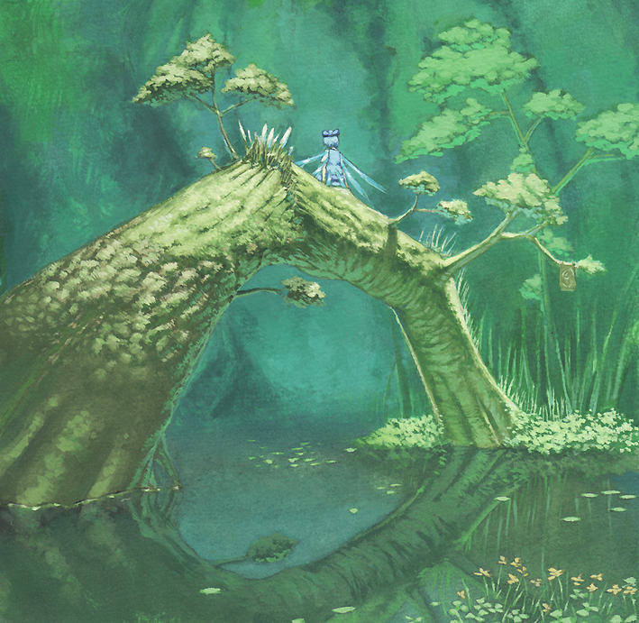 chomoran, cirno, embodiment of scarlet devil, touhou, bad id, bad pixiv id, colored pencil (medium), traditional media, 1girl, blue dress, blue hair, bow, dress, female focus, from behind, hair bow, ice, ice wings, in tree, lily pad, nature, reflection, reflective water, scenery, shirt, short hair, short sleeves, sitting, sitting in tree, solo, towel, tree, water, white shirt, wings
