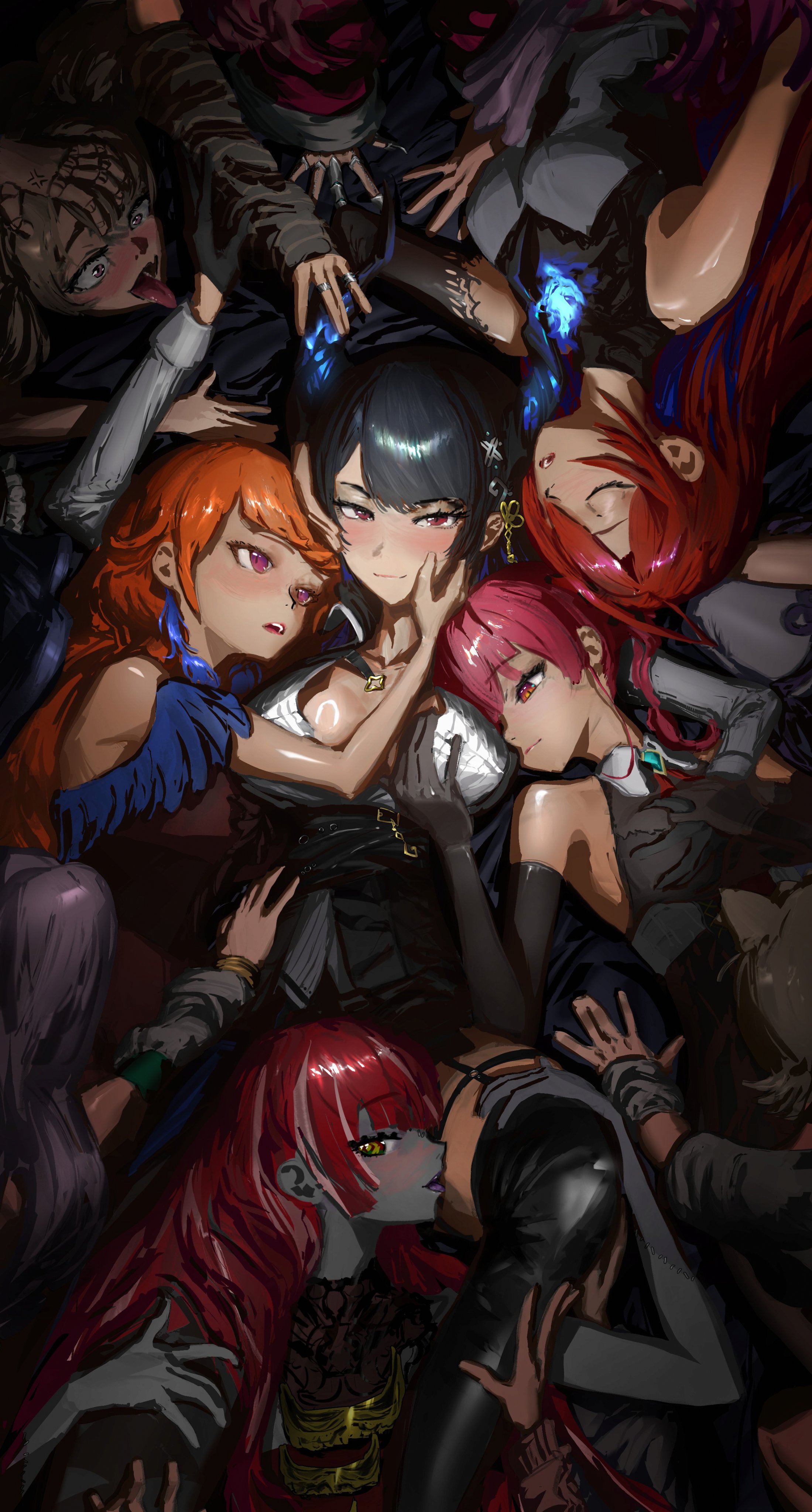 yokasparetime, ayunda risu, ayunda risu (1st costume), cecilia immergreen, elizabeth rose bloodflame, elizabeth rose bloodflame (1st costume), gigi murin, houshou marine, houshou marine (1st costume), irys (hololive), irys (irys 2.0) (hololive), kureiji ollie, kureiji ollie (indonesian dress), mococo abyssgard, moona hoshinova, moona hoshinova (1st costume), nerissa ravencroft, nerissa ravencroft (1st costume), ninomae ina'nis, ouro kronii, pavolia reine, pavolia reine (1st costume), raora panthera, shiori novella, shiori novella (1st costume), takanashi kiara, takanashi kiara (party dress), hololive, hololive english, hololive indonesia, absurdres, commentary, english commentary, highres, 6+girls, animal ears, arm up, asymmetrical horns, between legs, black gloves, black hair, blonde hair, blue fire, blue hair, blush, breasts, closed eyes, closed mouth, colored inner hair, colored skin, demon horns, dog ears, dog girl, elbow gloves, fang, fire, fire on chest, gloves, grabbing another's breast, grey gloves, grey skin, groping, hair ornament, hand on another's face, harem, holding another's legs, horns, jewelry, large breasts, light smile, long hair, looking at viewer, lying, multicolored hair, multiple girls, multiple rings, orange hair, pink hair, red eyes, red hair, ribbed shirt, ring, shirt, skin fang, tassel, tassel hair ornament, tongue, tongue out, uneven horns, upside-down, virtual youtuber, white shirt, yuri, zombie