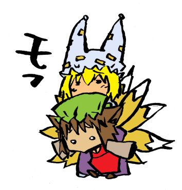 chomoran, chen, yakumo ran, touhou, bad id, bad pixiv id, lowres, 2girls, animal ears, blonde hair, brown hair, cat ears, cat girl, cat tail, chibi, female focus, fox tail, hat, multiple girls, multiple tails, short hair, tail