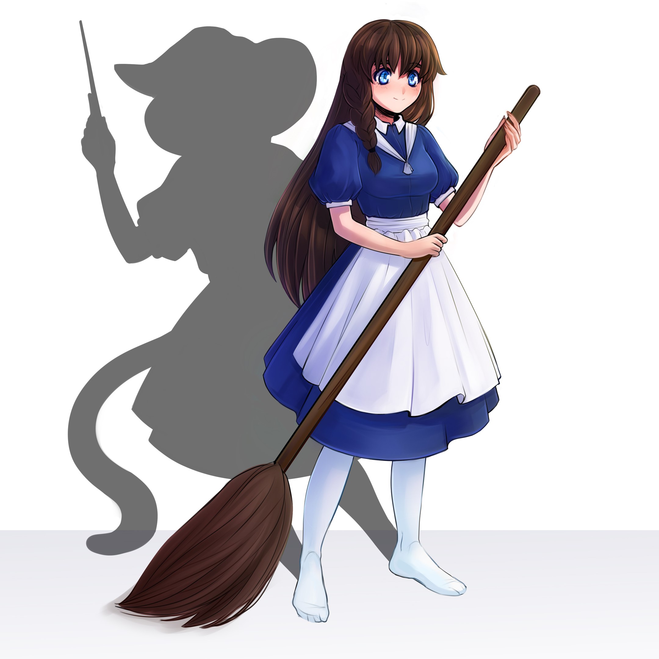lemna, original, commission, commissioner upload, highres, non-web source, aqua eyes, blue dress, braid, broom, brown hair, cat girl, cat tail, different shadow, dress, hat, long hair, maid, mewry (fuki nyan), shadow, smile, sweeping, tail, thighhighs, wand, white thighhighs