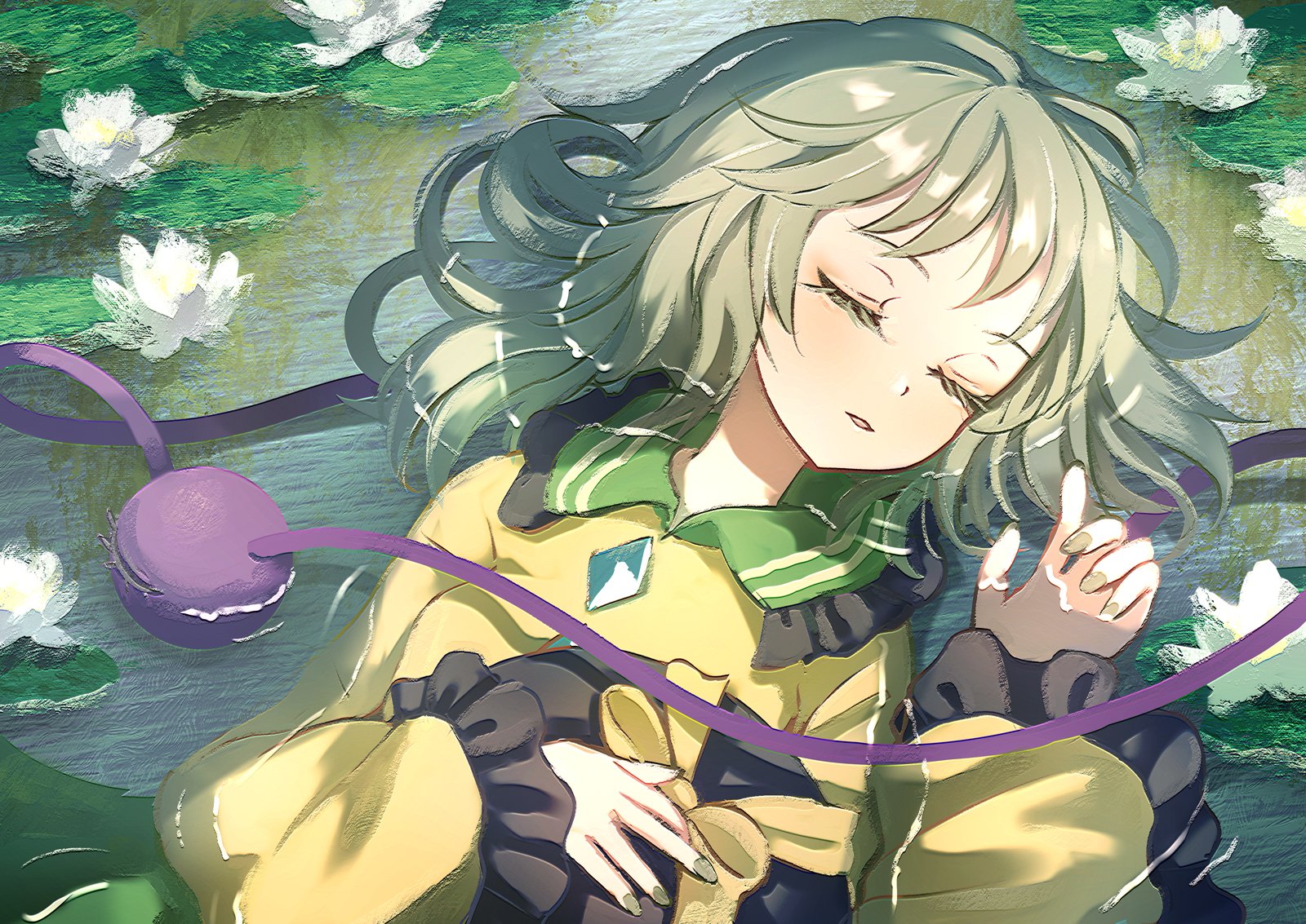 dise (psychoro), komeiji koishi, touhou, commentary request, highres, 1girl, black hat, bow, buttons, closed eyes, collared shirt, diamond button, flower, frilled shirt collar, frills, green hair, green nails, hat, hat bow, holding, holding unworn clothes, holding unworn hat, lily pad, long sleeves, lying, on back, shirt, solo, third eye, unworn hat, unworn headwear, upper body, water, water lily flower, white flower, yellow bow, yellow shirt