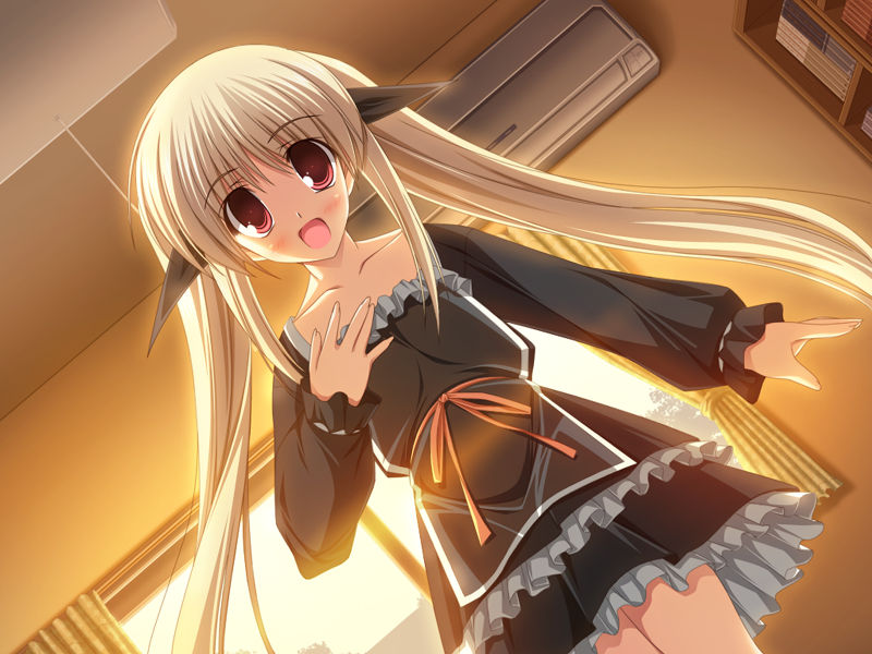 aono kuuderuhaitsu suzuran, haruiro ouse, game cg, non-web source, 1girl, blonde hair, dutch angle, female focus, frills, long hair, red eyes, solo, sunset, twintails