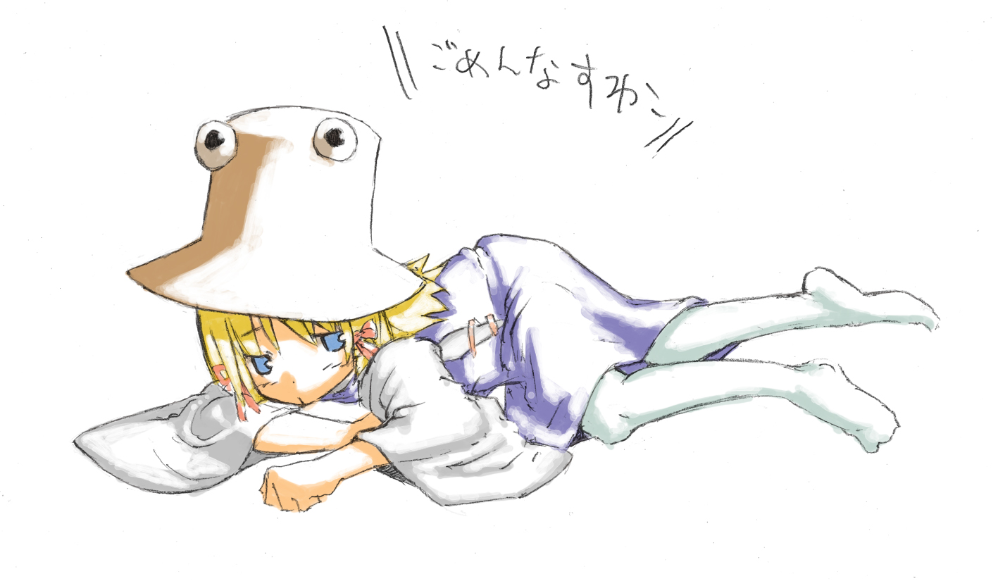 chomoran, moriya suwako, touhou, bad id, bad pixiv id, translation request, 1girl, blonde hair, blue eyes, female focus, full body, hat, pantyhose, simple background, solo, white background