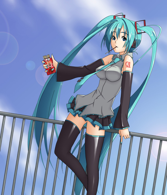 rakuhashi, rakusou, hatsune miku, vocaloid, 1girl, aqua hair, blue eyes, day, detached sleeves, female focus, food, lens flare, long hair, mouth hold, necktie, pocky, railing, skirt, sky, solo, thighhighs, twintails, very long hair, zettai ryouiki