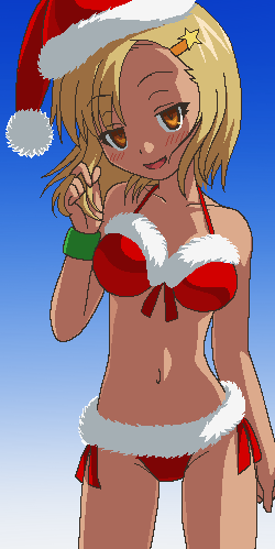 awa, angol mois, keroro gunsou, lowres, 1girl, bikini, blonde hair, blush, christmas, collarbone, dark-skinned female, dark skin, female focus, fur (clothing), gradient background, groin, hair ornament, hairclip, jaggy lines, naughty face, navel, oekaki, orange eyes, red bikini, santa bikini, santa costume, short hair, solo, swimsuit, wristband