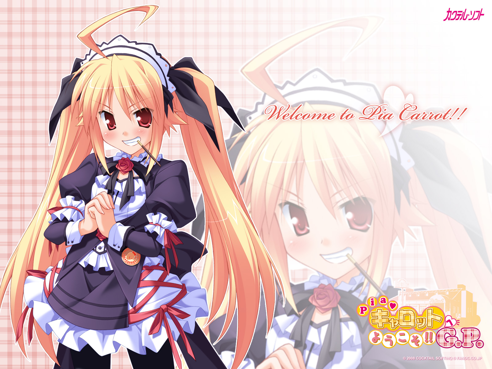hinata mutsuki, kurosu miu, pia carrot (series), pia carrot e youkoso!!, pia carrot e youkoso!! g.p., highres, non-web source, 1990s (style), 1girl, ahoge, blonde hair, blush, female focus, food, grin, long hair, maid, mouth hold, own hands clasped, own hands together, pantyhose, pocky, red eyes, retro artstyle, smile, solo, twintails, very long hair, waitress, zoom layer