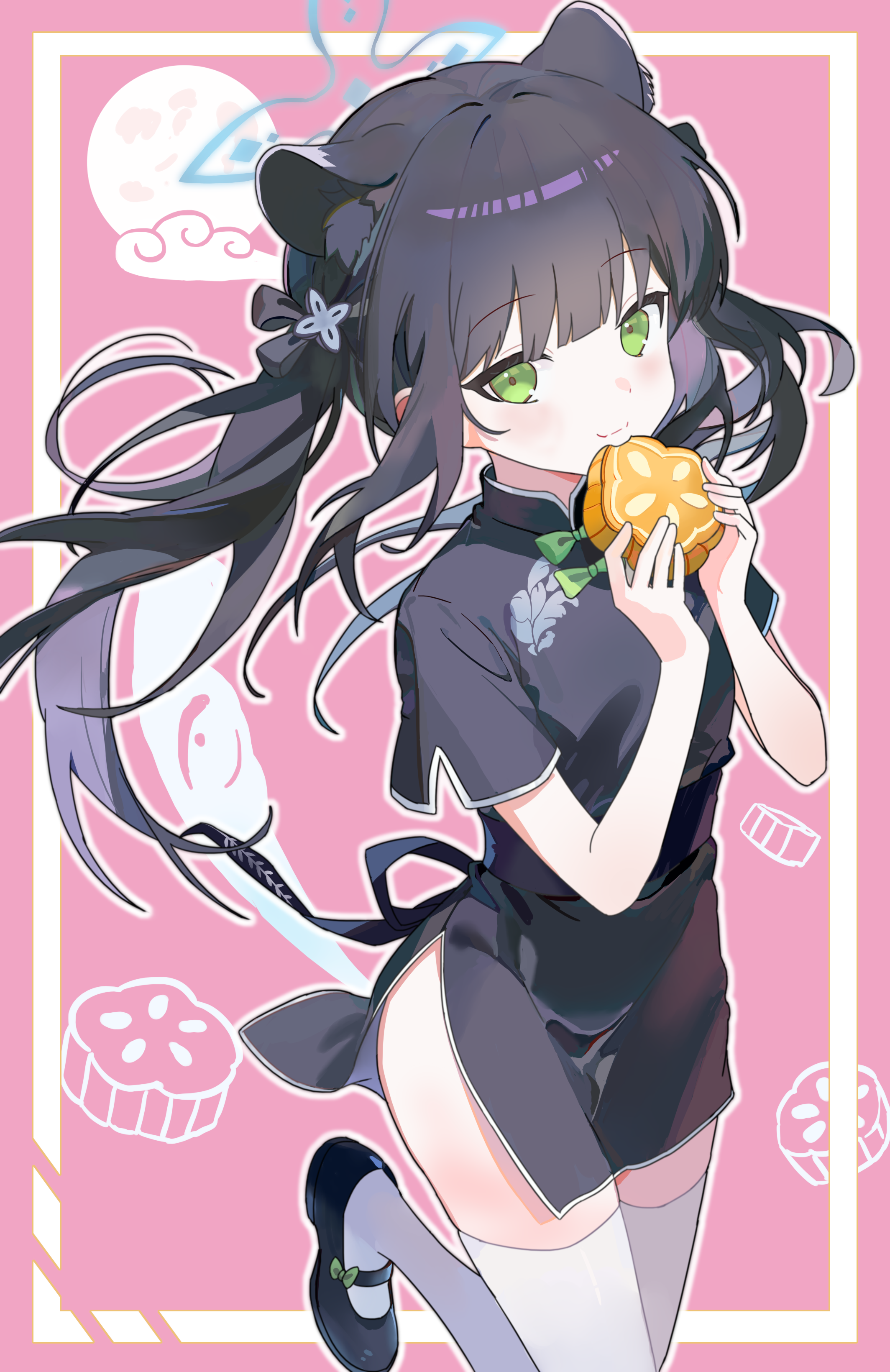 merak0901, shun (blue archive), shun (small) (blue archive), blue archive, absurdres, chinese commentary, commentary request, highres, 1girl, animal ears, black dress, black hair, black shoes, blue halo, bow, china dress, chinese clothes, closed mouth, dress, extra ears, food, green bow, green eyes, halo, hands up, holding, holding food, long hair, looking at viewer, mid-autumn festival, mooncake, shoes, short sleeves, smile, solo, thighhighs, tiger ears, tiger girl, twintails, white thighhighs