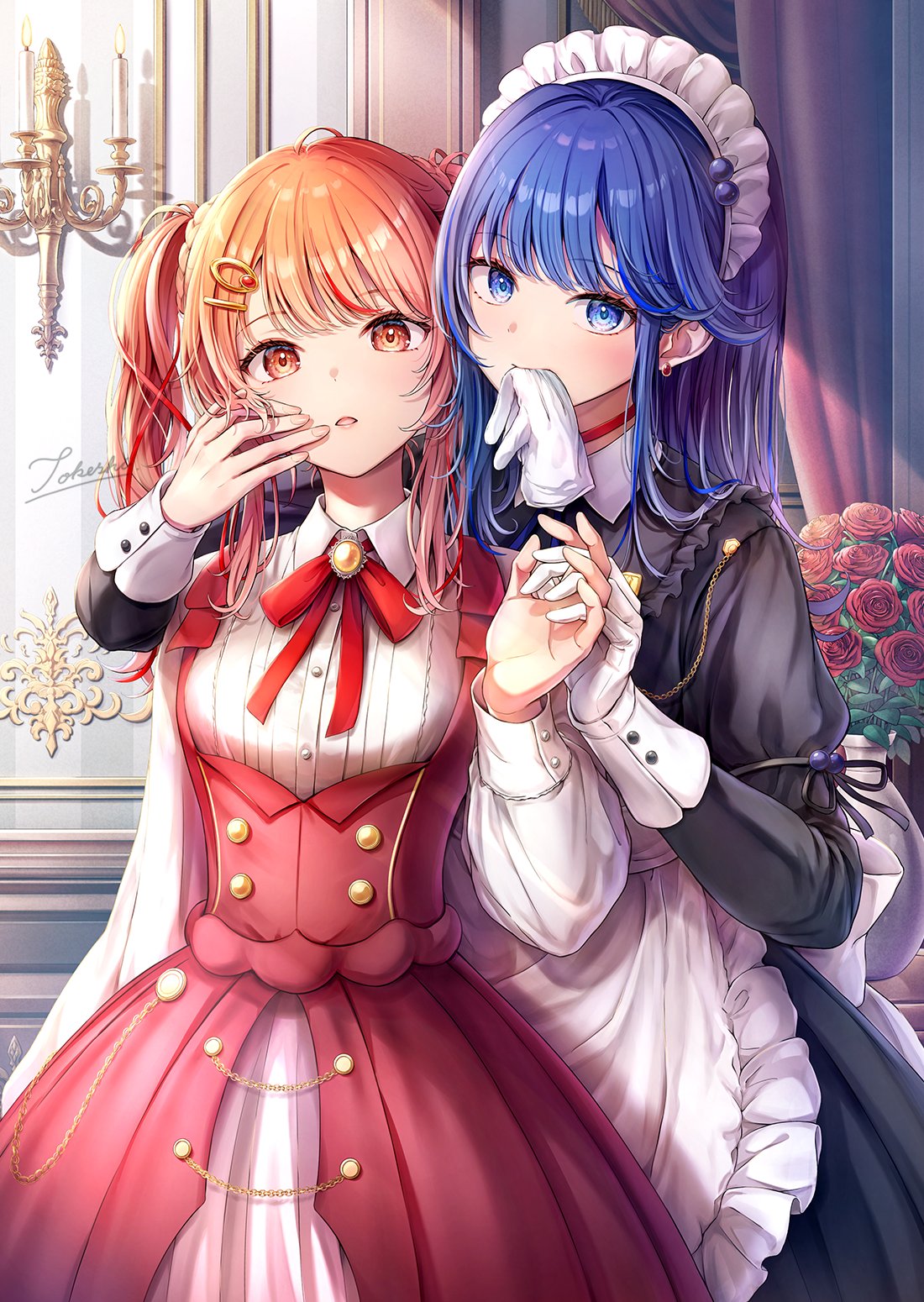 tokeshi, original, commentary request, highres, 2girls, apron, black dress, blue eyes, blue hair, blush, closed mouth, collared shirt, cowboy shot, dress, flower, frilled apron, frills, gloves, long hair, long sleeves, looking at viewer, maid, maid headdress, multiple girls, neck ribbon, open mouth, orange eyes, orange hair, pinafore dress, red dress, red flower, red ribbon, red rose, ribbon, rose, shirt, signature, single glove, sleeveless, sleeveless dress, twintails, vase, waist apron, white apron, white gloves, white shirt