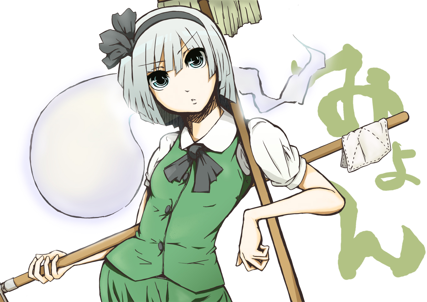 saboten, konpaku youmu, konpaku youmu (ghost), touhou, 1girl, female focus, hitodama, mop, solo