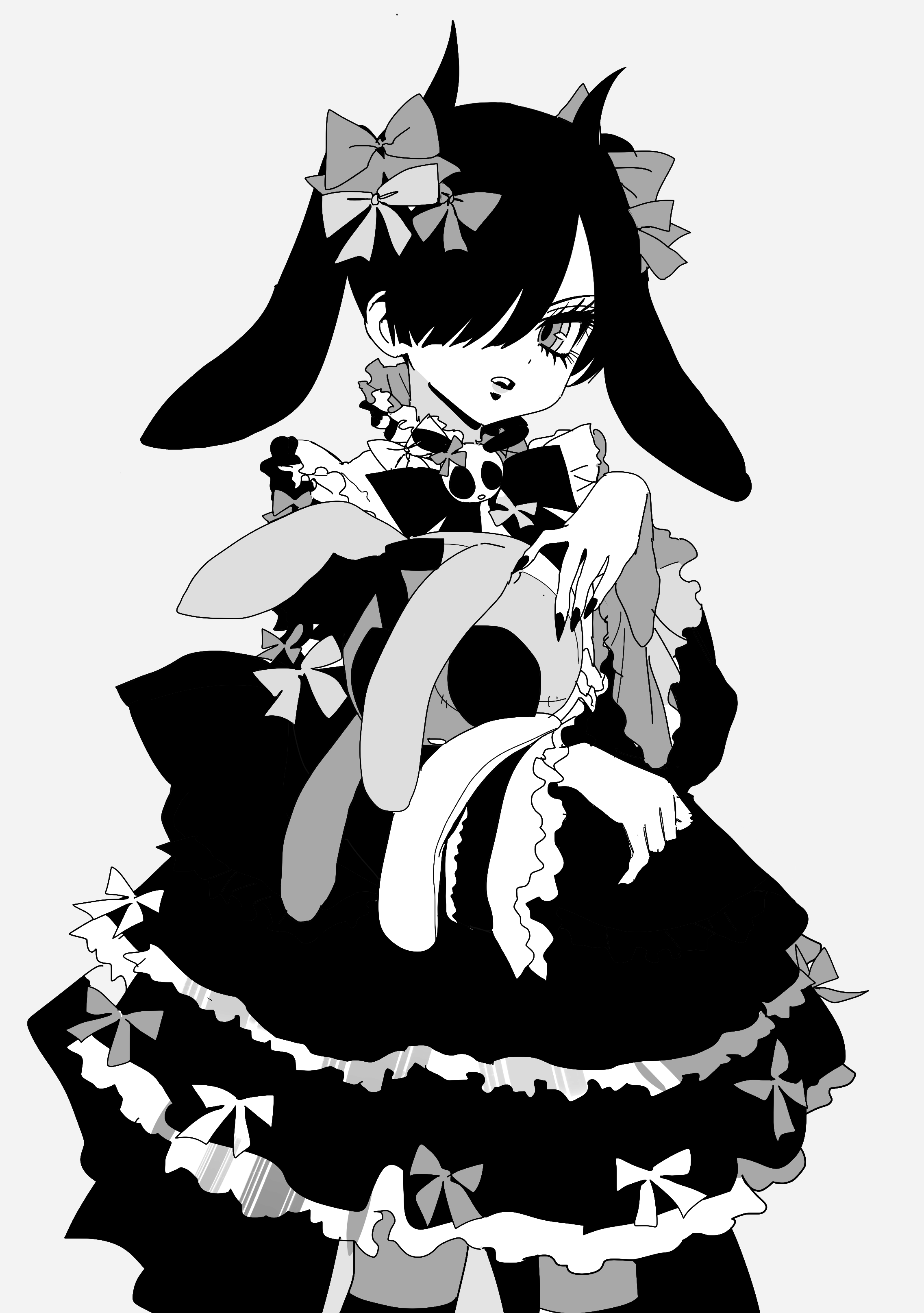 paldu, original, absurdres, highres, 1other, ambiguous gender, animal ears, black dress, black hair, black nails, bow, brooch, dress, fingernails, frilled dress, frills, gothic lolita, greyscale, hair bow, hair over one eye, holding, holding stuffed toy, jewelry, lolita fashion, long eyelashes, long fingernails, looking at viewer, monochrome, other focus, parted lips, rabbit ears, sharp fingernails, short hair, stuffed animal, stuffed toy
