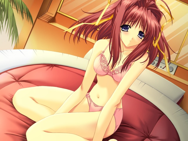 kimizuka aoi, senoo chihogi, 3ldk, non-web source, 1girl, blue eyes, bra, dutch angle, female focus, kneeling, lingerie, long hair, panties, pink panties, red hair, solo, underwear, underwear only