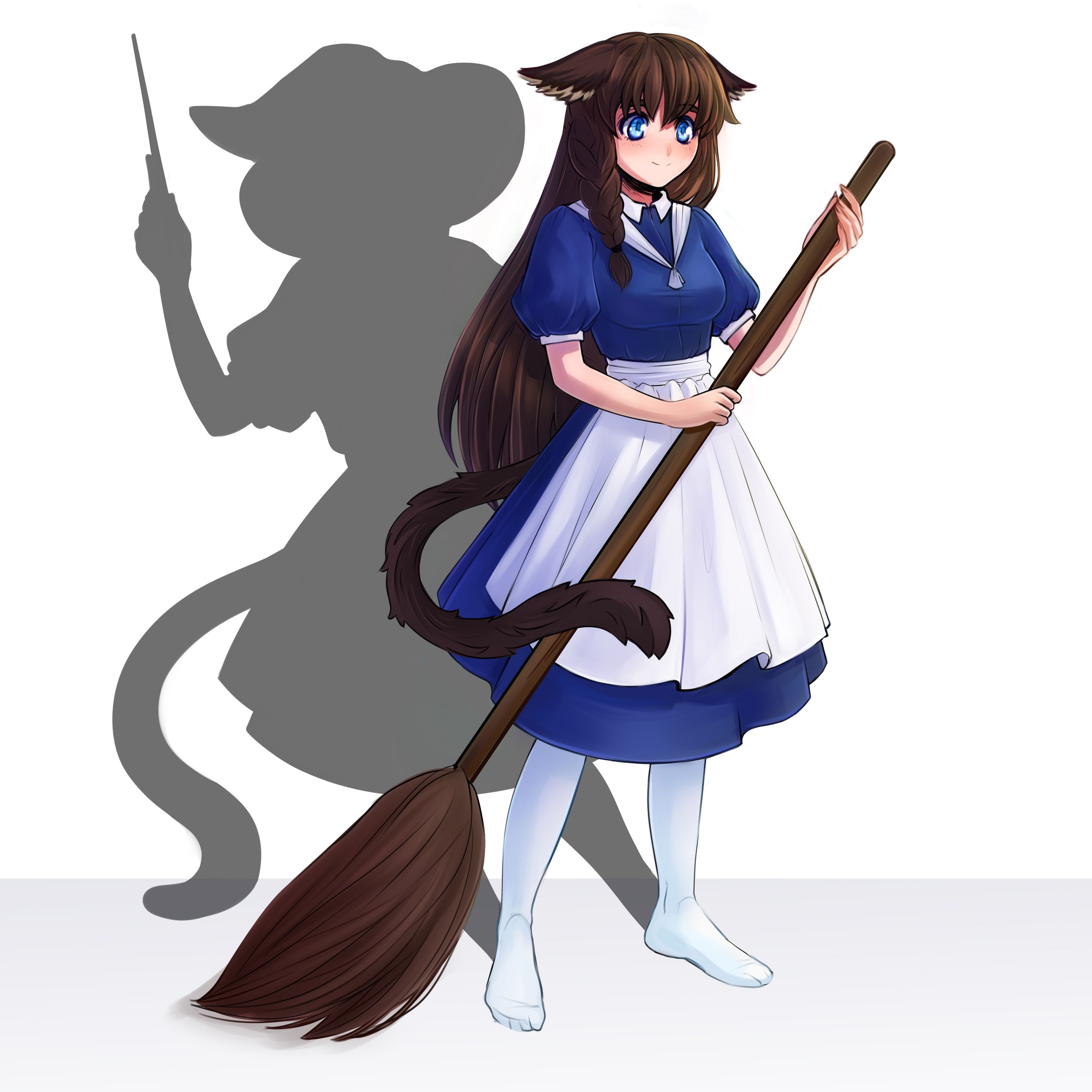 lemna, original, commission, commissioner upload, highres, non-web source, 1girl, animal ears, aqua eyes, blue dress, braid, broom, brown hair, cat ears, cat girl, cat tail, different shadow, dress, hat, long hair, maid, mewry (fuki nyan), shadow, smile, sweeping, tail, thighhighs, wand, white thighhighs