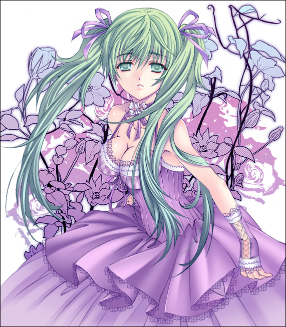 hatsune miku, vocaloid, 1girl, breasts, cleavage, dress, female focus, flower, gloves, green eyes, green hair, hair ribbon, long hair, matching hair/eyes, medium breasts, ribbon, solo, twintails