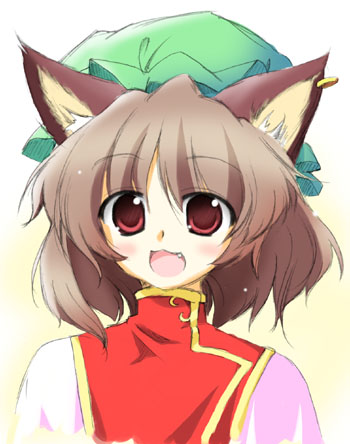 dokkoi, chen, touhou, lowres, 1girl, animal ears, brown hair, cat ears, cat girl, earrings, fang, female focus, hat, jewelry, red eyes, solo
