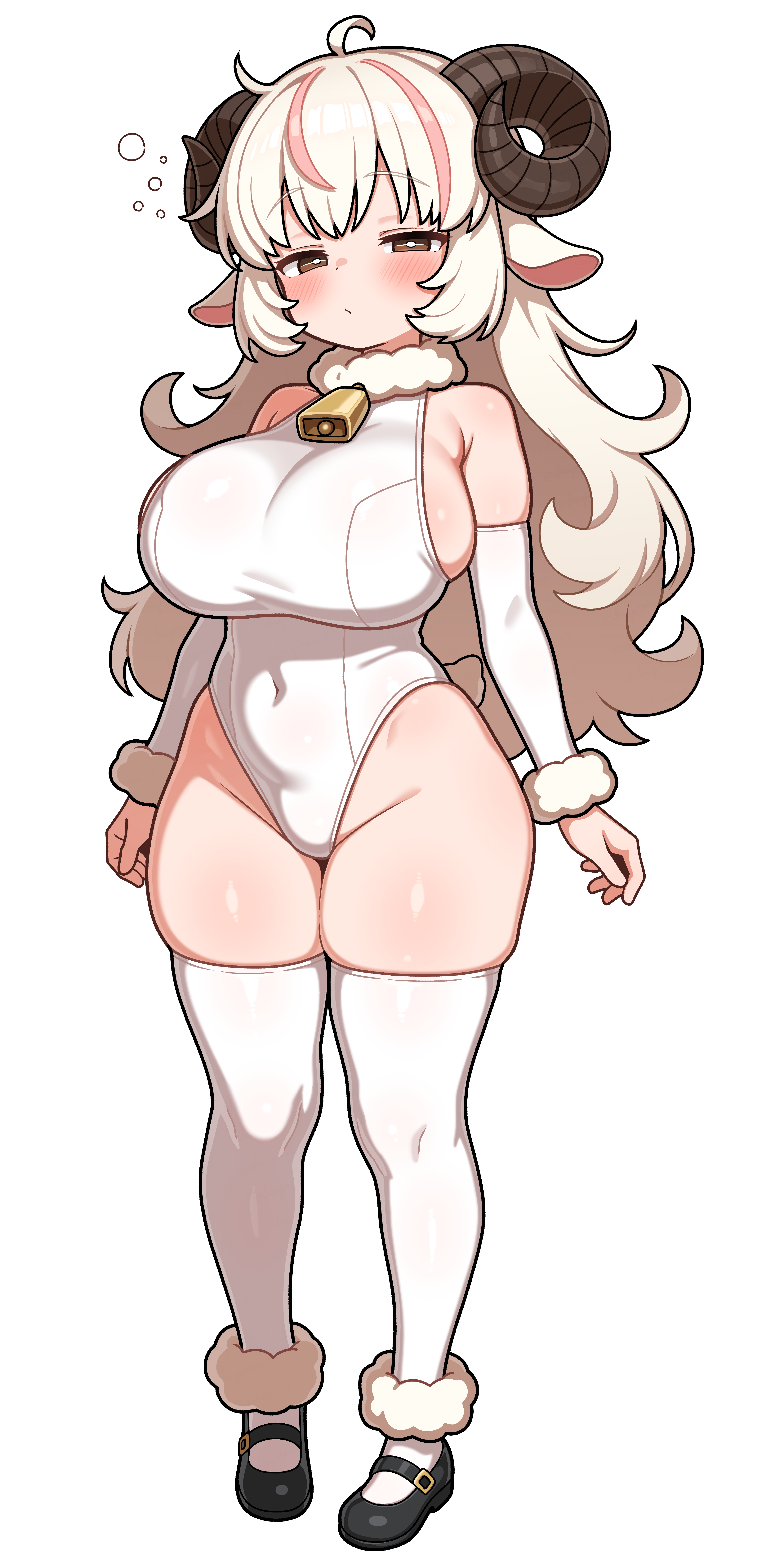 shiguren 39, original, absurdres, commentary request, highres, 1girl, animal ears, bell, breasts, full body, horns, huge breasts, leotard, long hair, sheep ears, sheep girl, sheep horns, simple background, solo, thighhighs, white background, white thighhighs