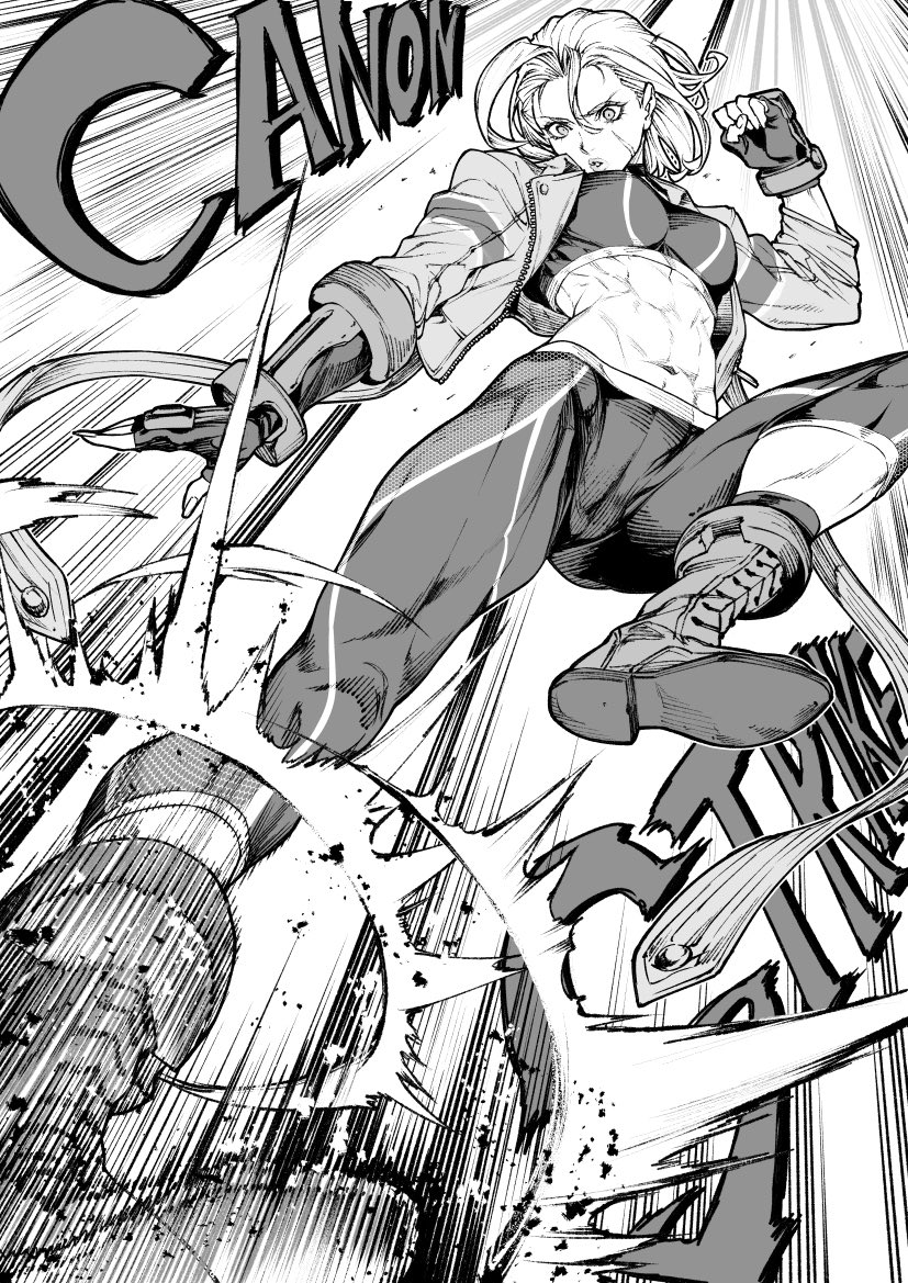 saeki shun, cammy white, street fighter, street fighter 6, 1girl, abs, boots, cropped jacket, fingerless gloves, gloves, lace-up boots, midriff, monochrome, muscular, muscular female, scar, scar on face, short hair, solo, sports bra