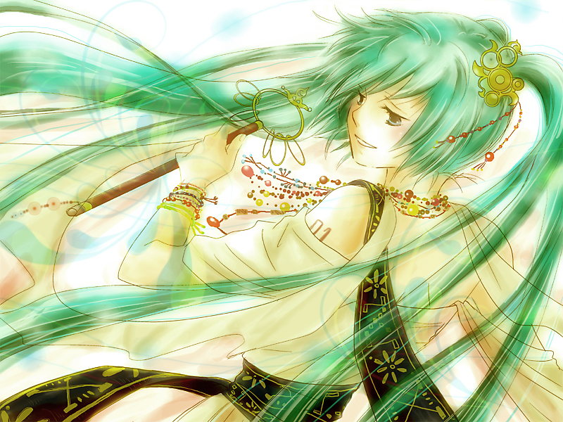 hanamomo, hatsune miku, vocaloid, bad id, bad pixiv id, bracelet, green eyes, green hair, hair ornament, jewelry, long hair, necklace, sash, solo, twintails, wand